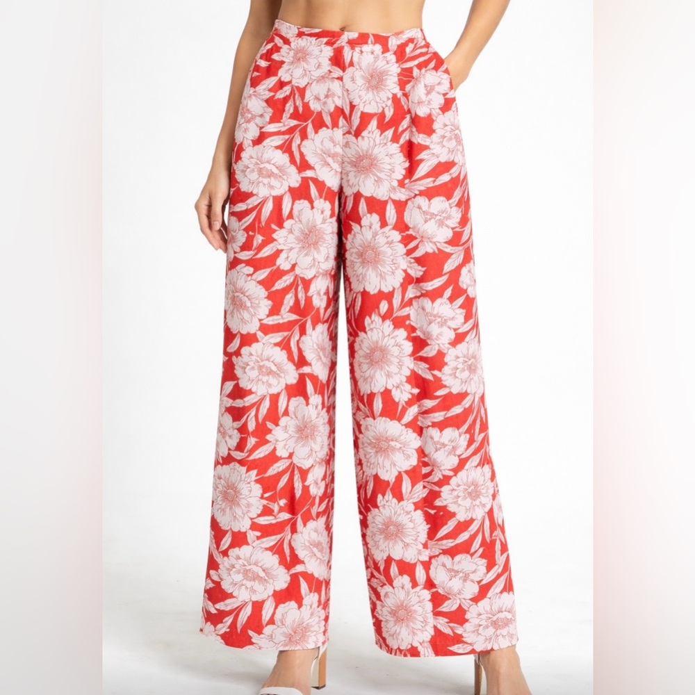 NWT Bettina Star Wide Leg Crop Hawaiian Pants Hot Coral/White Size L